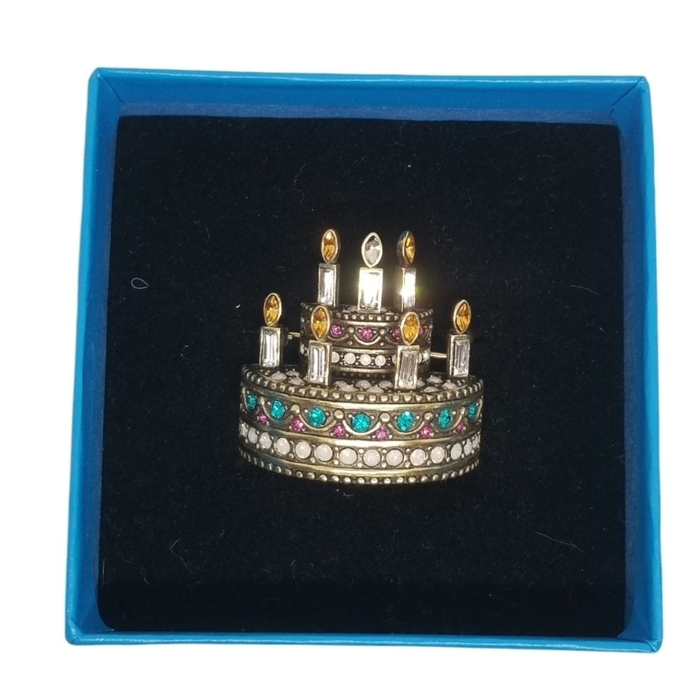 Heidi Daus Designer " It Takes The Cake" Swarovski Crystal & Brass Cake Brooch